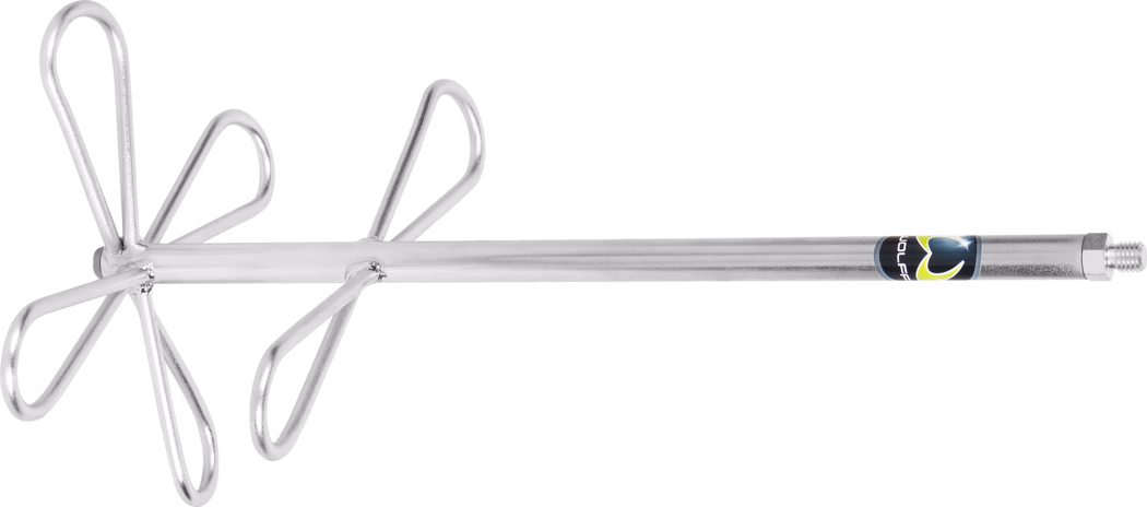 Close-up of a metal mixing paddle attachment for a drill against a white background. The tool features a long cylindrical steel shaft with a threaded end and a hexagonal nut for secure mounting. At the opposite end two rows of three teardrop-shaped looped wire blades are welded symmetrically around the shaft, forming a six-wing mixing head. The surface appears zinc-plated or chrome-finished with visible welds and a small manufacturer sticker near the threaded end. Designed for mixing paint, plaster, cement, mortar, adhesives and other viscous materials with a handheld drill, it provides vigorous circulation and helps reduce air entrapment.