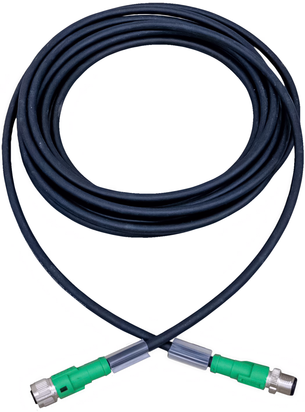 WOLFF_Dummy_171792_Connecting cable remote control_2025-08 Coiled black cable with two green connectors: a long black rubber-coated cable neatly wound into a circular loop on a white background. Both ends feature green plastic connectors with silver threaded metal coupling rings and short grey strain-relief sleeves; the cable crosses near the bottom forming a heart-like shape where the ends meet. The cable surface shows slight texture and minor signs of use. The image is isolated on a white background and photographed from above, showing the full coil and both connectors — suitable for product listings and technical descriptions.