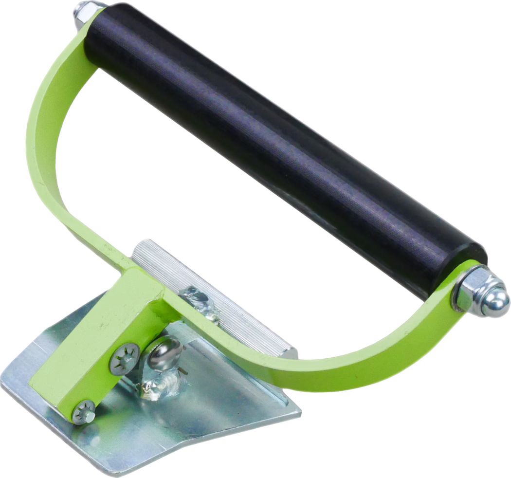 WOLFF_Dummy_10068_carpet clamp two handed_2025-08 Close-up of a handheld roller tool: a black cylindrical rubber roller mounted in a lime-green U-shaped metal frame with chrome bolts at each end. The frame connects to a small angled silver mounting plate with visible screws and a welded joint. A textured silver clamp sits near the base of the roller. The image shows clear details of the paint finish, metal hardware and the roller's pivot points on a white background, emphasizing the tool's compact, durable construction for pressing or smoothing surfaces.