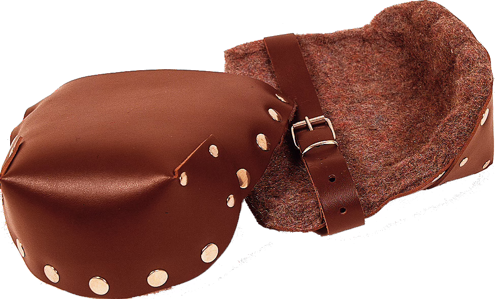 Two brown leather protective cups with felt lining and metal rivets, one opened to show the soft, wool-like interior, connected by a leather strap with an adjustable metal buckle, photographed on a white background.