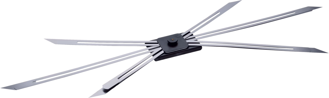 WOLFF_Dummy_15563_stair bevel_2025-08 High-resolution image of a handheld multi-blade metal tool: a dark central pivot holds eight long, thin stainless-steel blades that radiate outward like a star. Each blade is flat and slightly reflective, with a narrow elongated slot along its length and a tapered chisel-like tip. The blades are arranged in opposing pairs and secured at the pivot by a square black mounting plate with a small brass rivet; a faint shadow beneath the compact base contrasts with the pure white background.