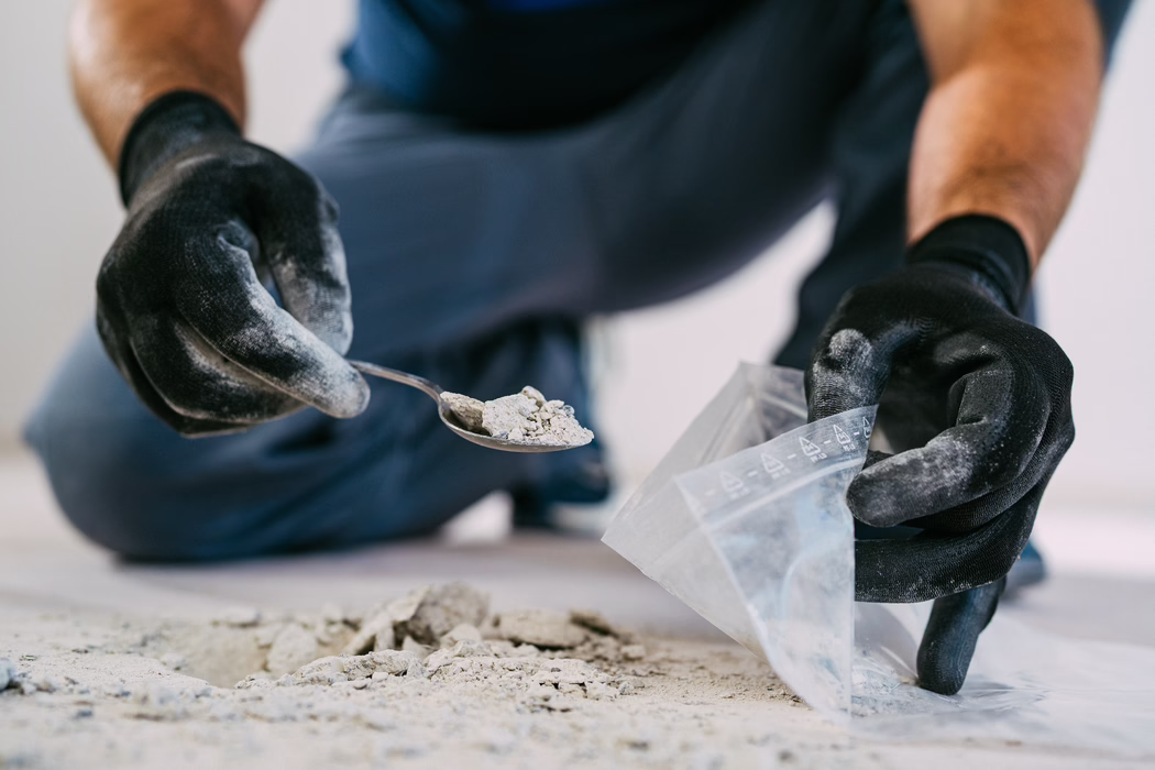 WOLFF_Campaign Images_KRL Box_2025-08 (71) Close-up of gloved hands collecting grey concrete dust and small rubble with a spoon and placing it into a small clear resealable plastic bag on the floor. The image focuses on the textured black work gloves and the powdery debris; a shallow pile and a small hole in the floor are visible, with the worker's bent knees blurred in the background. Neutral indoor lighting highlights the fine dust and rough fragments.