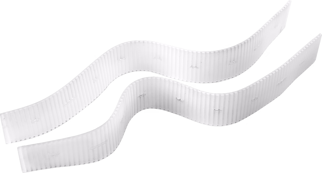 WOLFF_Dummy_83149_suction lips_2025-08 Three long white corrugated plastic strips are arranged in parallel S-shaped waves across a bright white background. The strips show evenly spaced vertical ribs and small rectangular slots or clip-like features along their length. The material appears to be semi-rigid, matte plastic. The image is a high-key studio product shot with soft shadows and no other objects, emphasizing texture, shape and edge details.