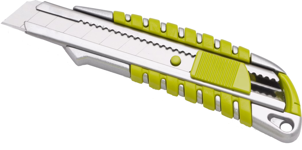 WOLFF_Dummy_55030_Break-off knife_22025-08 Close-up of a silver and yellow retractable utility knife (box cutter) with a segmented snap-off blade, metal body and textured yellow plastic slider, isolated on a white background.