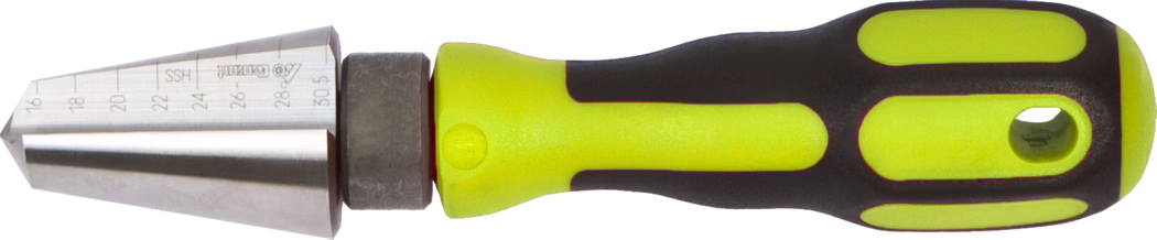 WOLFF_Dummy_87831_15807_Hole cutter_2025-08 A hand-held stepped conical metal reamer or step drill with an ergonomically shaped, two-tone soft-grip handle. The tool features a tapered, multi-diameter stainless steel cone with engraved measurement markings along its sloped surface (visible sizes approximately 16 to 30.5 mm), a short hexagonal locking collar at the cone base, and a bright yellow and black rubberized handle with molded finger grooves and a lanyard/hanging hole at the butt. The metal surface is smooth and slightly reflective; the bi-material handle provides improved grip and torque transfer. The object is shown in profile on a white background and appears clean and ready for use in woodworking, metalworking, hole enlargement, deburring, or countersinking applications.