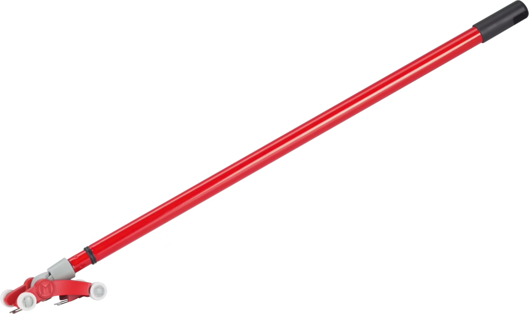 Red telescopic mop handle with a black rubber grip at the top and a red swivel mop head at the bottom. The glossy metal pole is shown diagonally on a white background. The mop head features gray plastic joints and small white wheels for easy steering and floor cleaning.