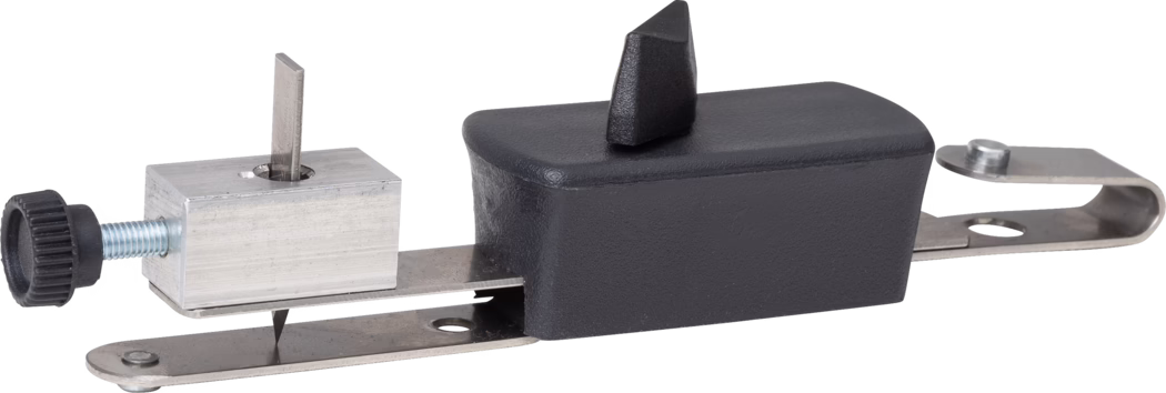 Close-up of a small mechanical latch assembly: a metal mounting plate with a rectangular aluminum block, an adjustable screw with a black plastic knob, and a black plastic housing containing a triangular metal latch; shown on a white background, it resembles a window or door latch or clamp.