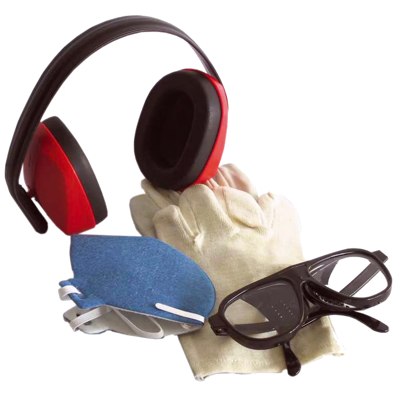 A set of personal protective equipment displayed on a white background: red and black earmuffs, beige protective gloves, a blue disposable respiratory mask, and black safety glasses. The items are grouped together, illustrating protection for hearing, hands, respiratory system, and eyes for industrial work or DIY tasks.