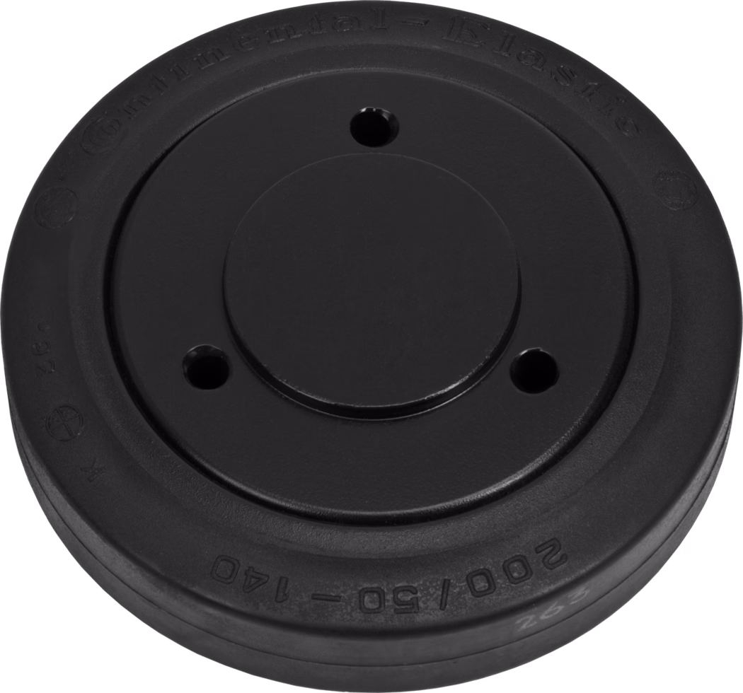Close-up photograph of a round black rubber or plastic disc resembling a wheel hub or cover. The flat circular object features concentric raised rings, a small raised central section and three evenly spaced circular holes near the center. The outer rim shows embossed text and numeric markings, including the brand name 'Continental' and the size '200/50-140'. The surface is matte black with a subtle texture and the object is shown against a white background.