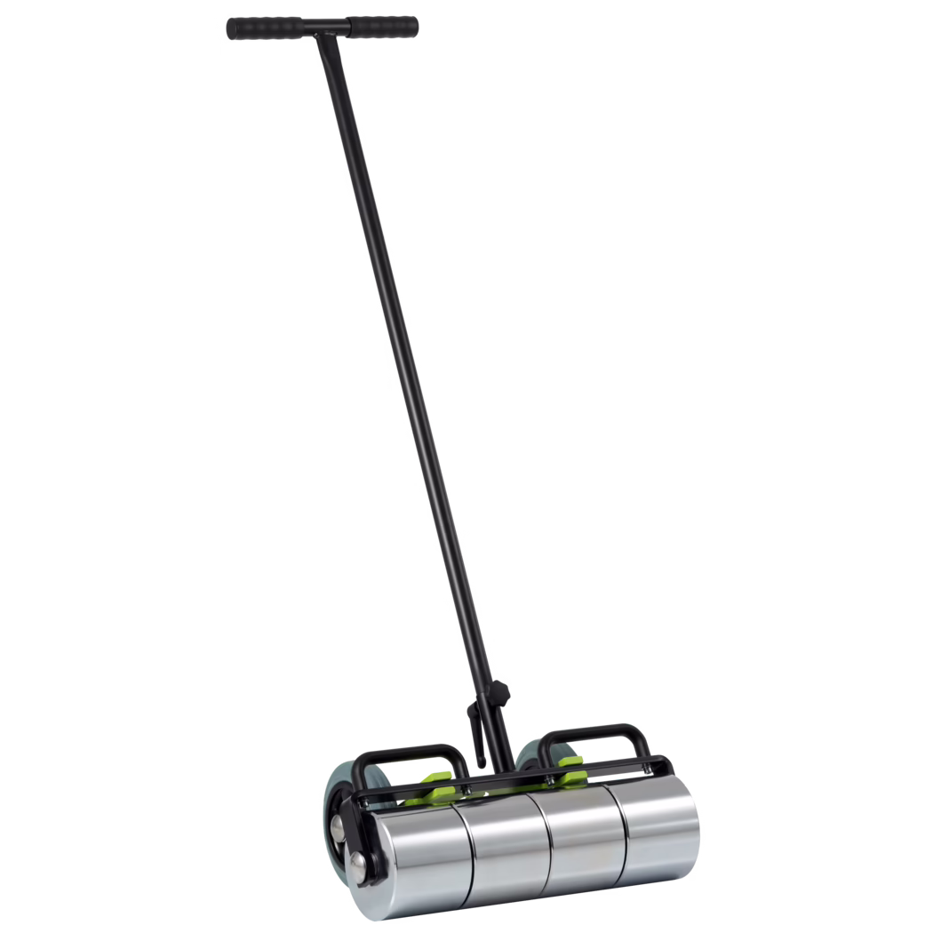 Black T-handle lawn/garden roller with foam grips and a long angled shaft; three polished metal cylindrical rollers mounted in a black frame with small support wheels, photographed on a white background.