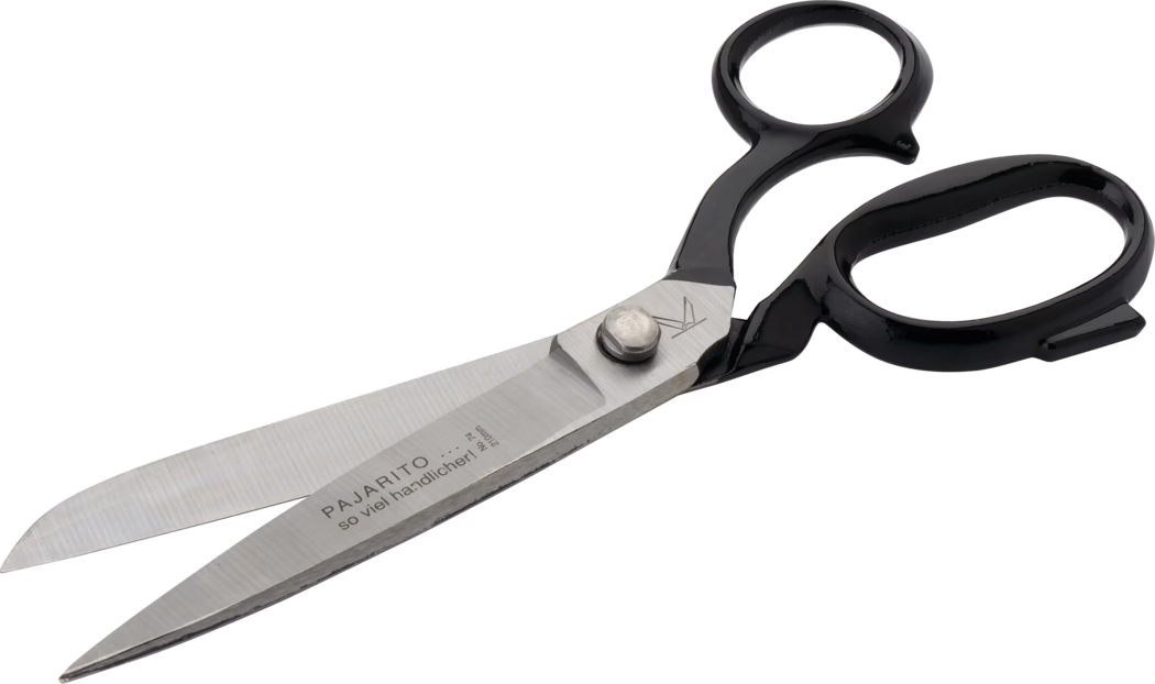 WOLFF_Dummy_36432_34512_21536_Linoleum scissors_2025-08 Close-up of a pair of tailor's shears with long stainless steel blades and glossy black handles, shown partially open on a white background; visible screw pivot and engraved brand text on the blade.