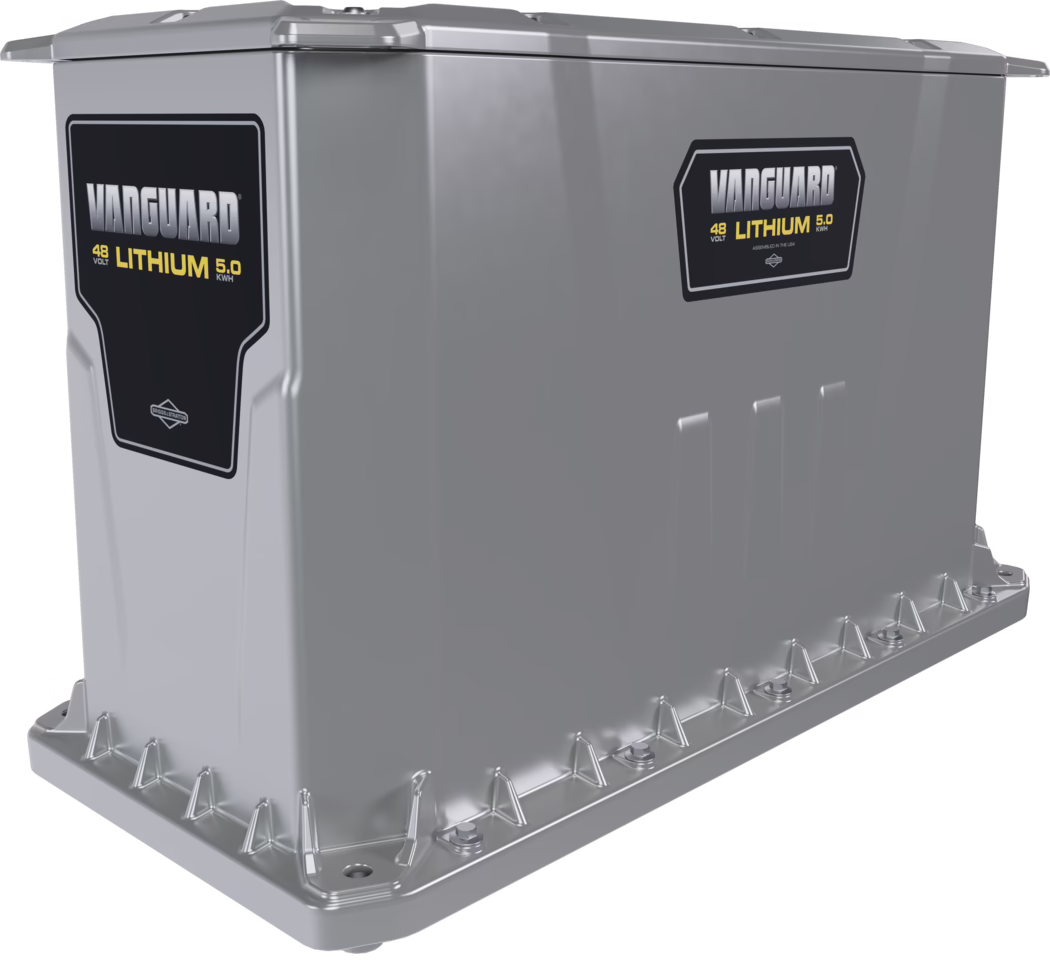 Silver rectangular metal housing of a Vanguard lithium battery module labeled 'VANGUARD 48 VOLT LITHIUM 5.0 kWh'. Heavy-duty industrial enclosure with visible mounting flanges and bolts along the base, smooth reflective metal finish, reinforced corners and two black product labels with bold branding on the side panels.