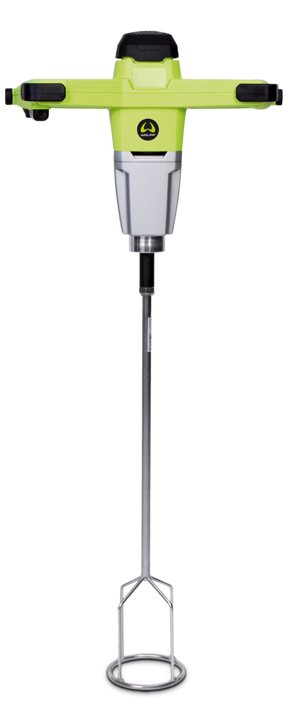 WOLFF_Dummy_84169_83924_Gear Mixer Power X1000 X1600_2024_02.psdMixer Power X1000 X1600_2025-08 Handheld electric mixer with a T-shaped lime-green handle, black rubber grips and visible 'WOLFF' logo; silver motor housing, long metal shaft and circular cage mixing paddle suitable for mixing mortar, paint or plaster.