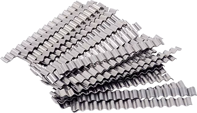 Close-up view of a stack of corrugated metal strips with a wavy profile, silver-gray color and reflective surface; the strips are layered irregularly, revealing sharp ridges and grooves and suggesting stainless or galvanized steel used for construction or industrial purposes.