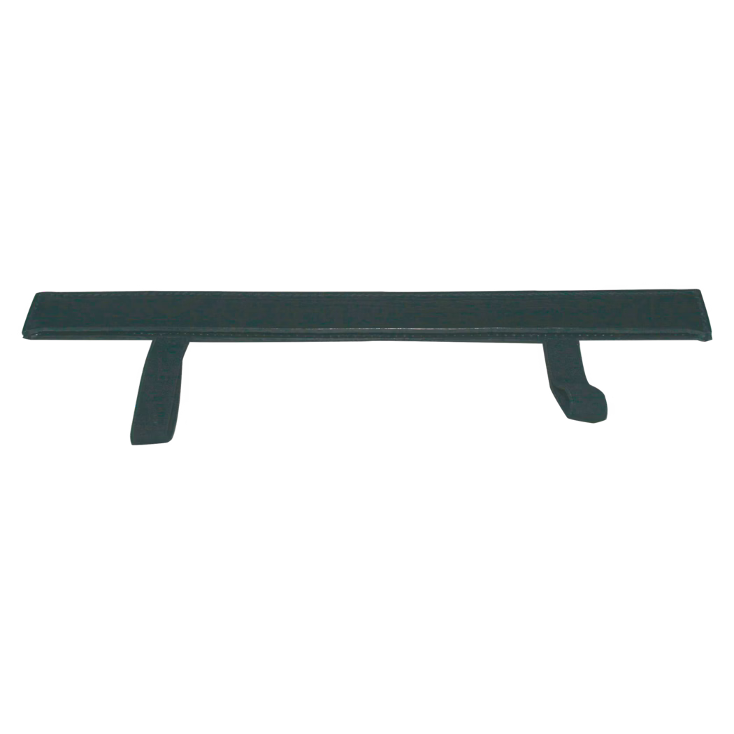 Fragment of a dark wooden bench or shelf photographed against a white background, showing a long rectangular top plank with a worn surface and two short supporting legs visible at the bottom.