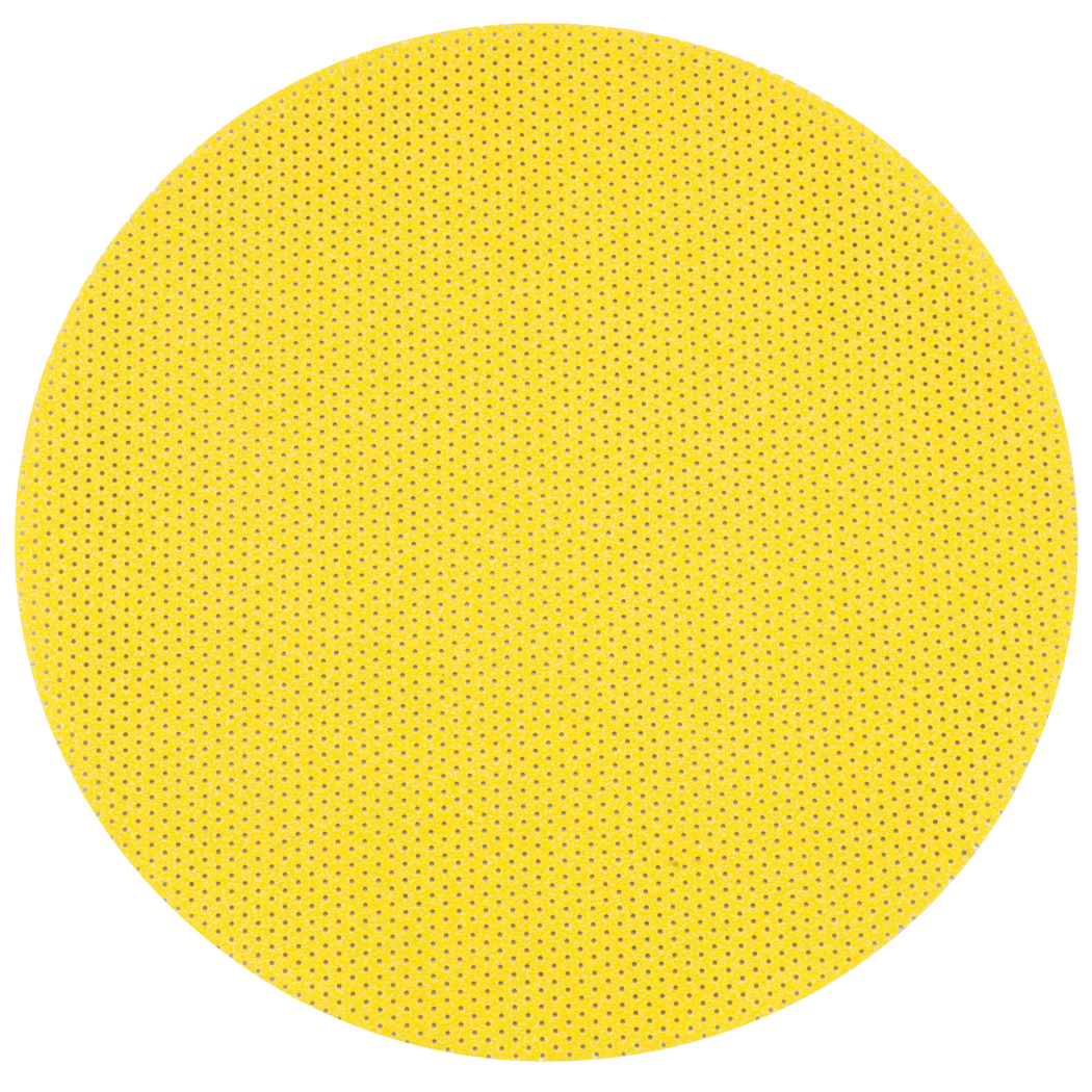 A large circular yellow textured disc with a regular pattern of small perforations, resembling a sanding or filter disc, centered on a white background.