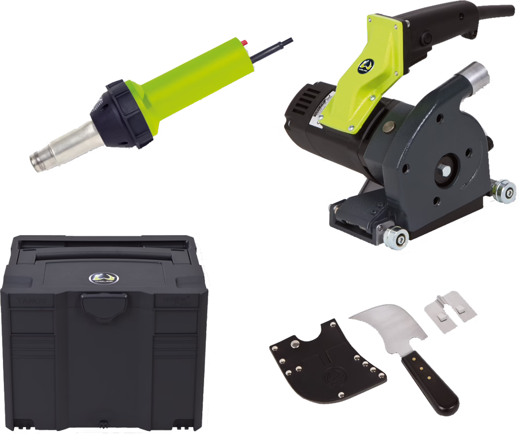 WOLFF_Dummy_56357_Milling and wilding set Combi_2025-08 Photograph of a set of handheld power tools and accessories on a white background: a lime-green heat/hot-air gun with a metal nozzle, a compact electric wall-groove cutting machine with a yellow handle and metal cutting head on small guide wheels, a sturdy black plastic toolbox, and a scraper/knife with spare blades and a leather sheath. The tools are arranged separately to show details such as power cords, ventilation slots, mounting screws and metal cutting components, suggesting a professional kit for wall grooving, plaster removal and surface preparation.