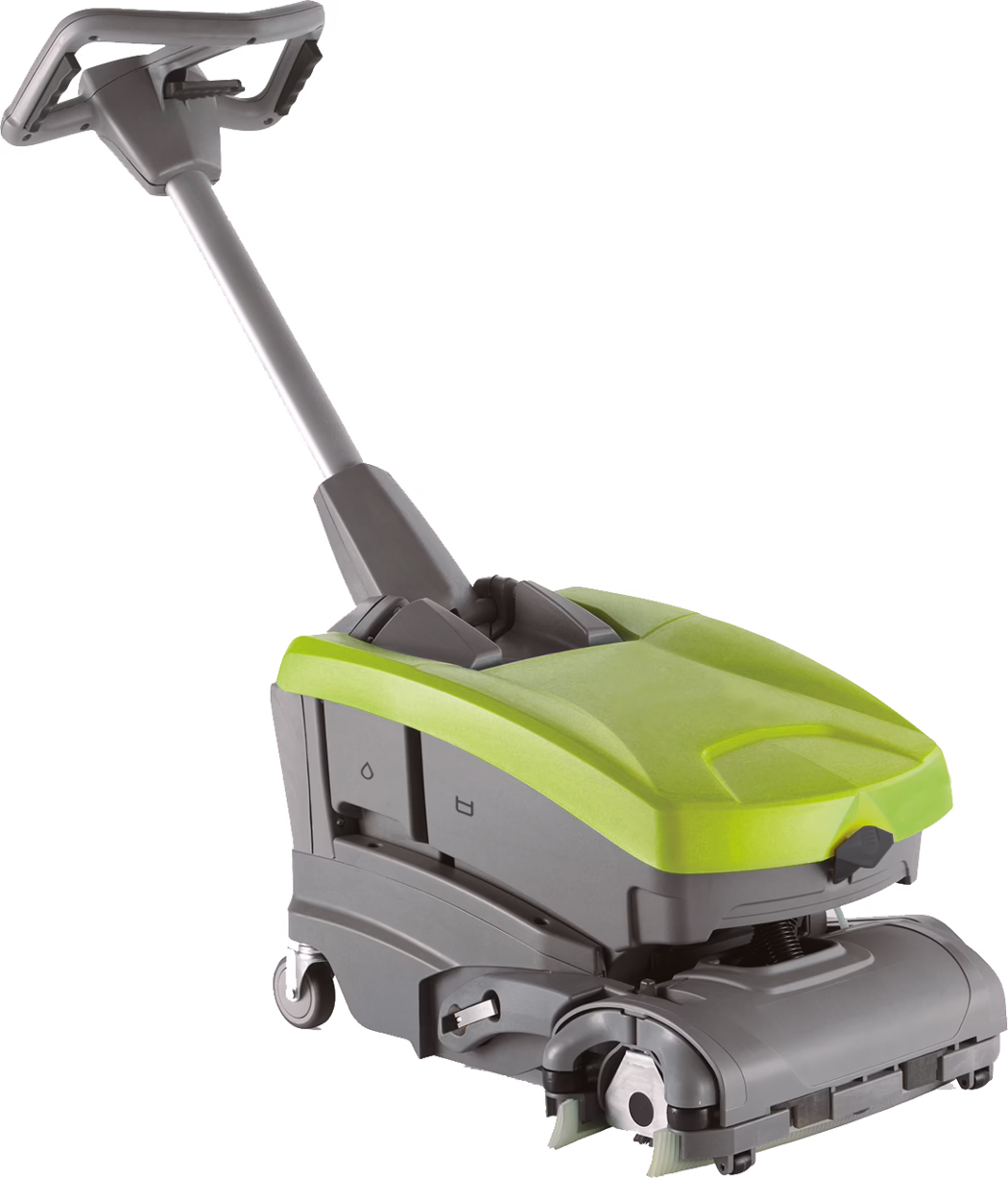 Compact battery-powered floor scrubber in gray and lime green with a long ergonomic handle, front-mounted cylindrical brushes, swivel caster wheels and visible water and solution tank indicators; sturdy plastic body and low-profile brush housing for indoor commercial cleaning and maintenance.