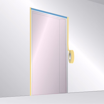 WOLFF_Dummy_84246_Dust Door System_2025-08 Close-up of a doorway masked for painting: the door and frame are covered with a pink protective film and yellow masking tape along the edges; a roll of yellow masking tape is attached to the wall next to the frame. The surrounding wall is light gray and the floor is visible at the bottom.