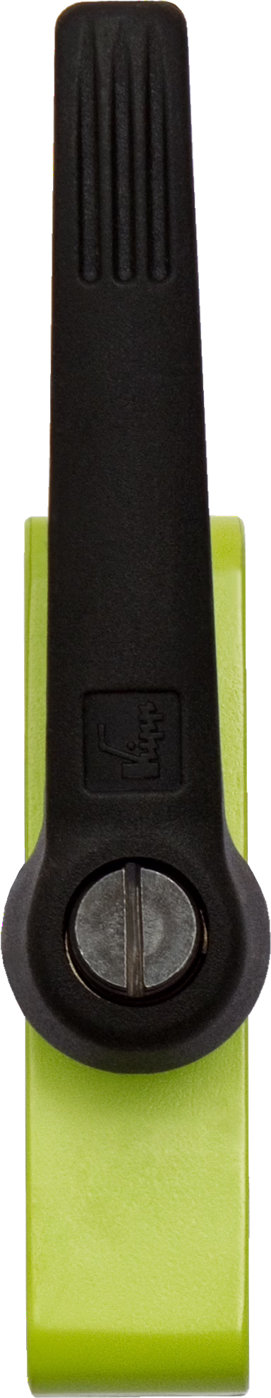 WOLFF_Dummy_80274_Looking device for torsion Robo_2025-08 Close-up of a green and black plastic adjustable lever with a textured black handle and a slotted metal screw, seen from above.