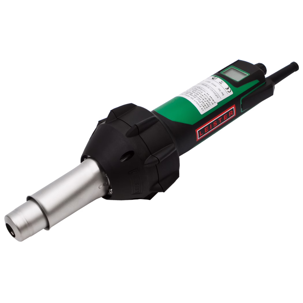Handheld Leister hot air tool for plastic welding and heating, with a black and green plastic housing, LCD display, safety label, rear power cord, and a long cylindrical metal nozzle for directed hot air.