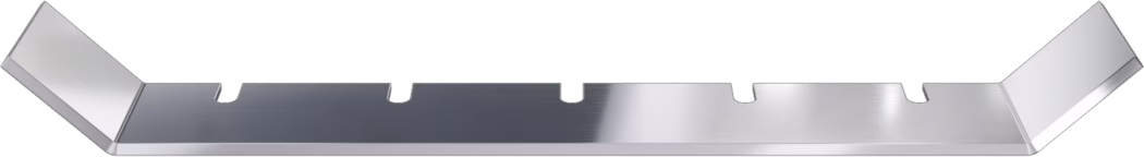 WOLFF_Dummy_173451_CWS-U-Blade 350x60x3,0mmx45°_2025-08 Brushed stainless steel mounting bracket seen from the front: a long flat bar with two angled end flanges and four rectangular notches along the top edge; smooth, slightly reflective brushed finish and beveled edges.