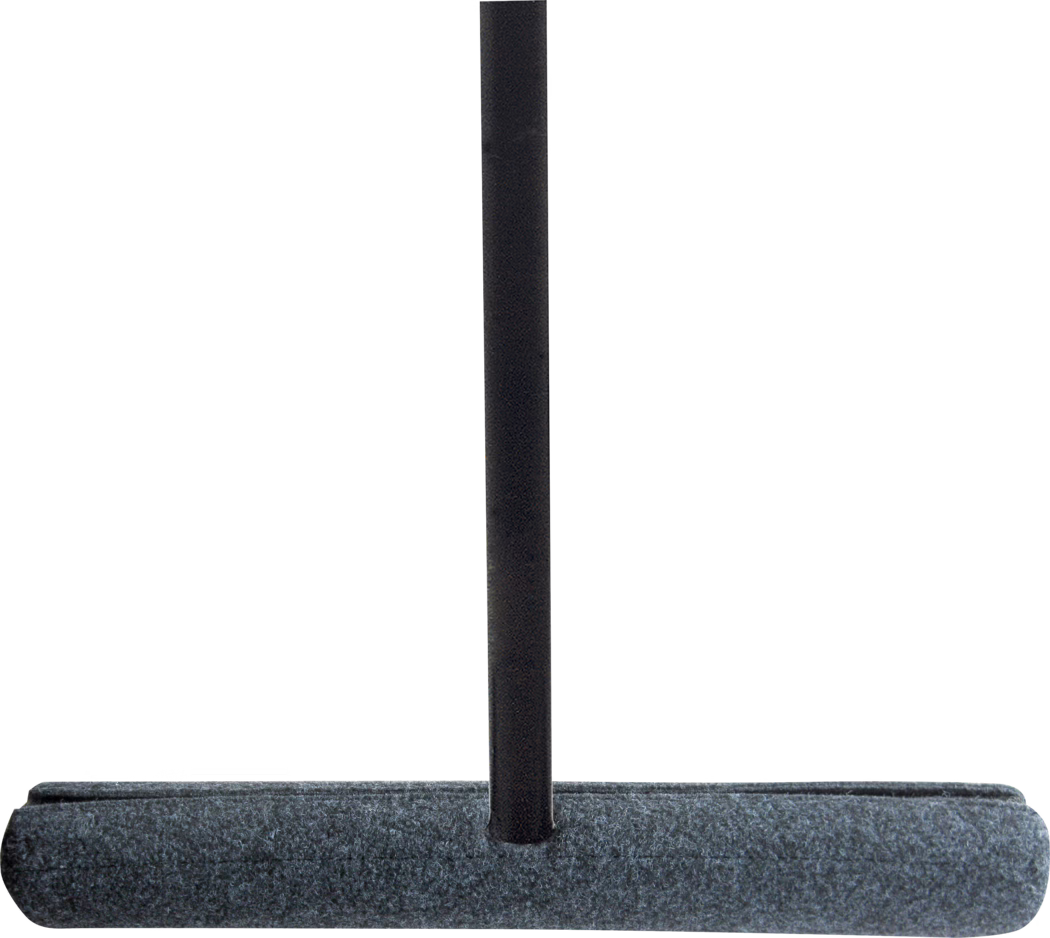 WOLFF_Dummy_62694_Glide with felt coat and handle_2025-08 Close-up view of a floor cleaning tool showing a horizontal cylindrical roller covered in dark gray felt attached to a short, central black metal pole. The felt roller has a subtle top groove and rounded ends; the pole is inserted at the center of the roller and extends vertically out of the frame against a plain white background. The image focuses on the texture and construction of the tool, suggesting it is used for cleaning, polishing or applying finishes to smooth floor surfaces.