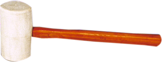White rubber mallet with a wooden handle lying on a plain white background.