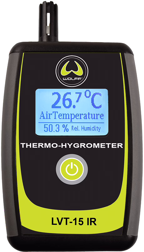 WOLFF_Dummy_83115_LVT15 IR_2025-08 Handheld thermo-hygrometer model LVT-15 IR by Wolff: black and yellow plastic housing, backlit LCD showing 26.7°C air temperature and 50.3% relative humidity, sensor probe at the top and a single power button below the display; compact portable instrument for measuring air temperature and relative humidity.